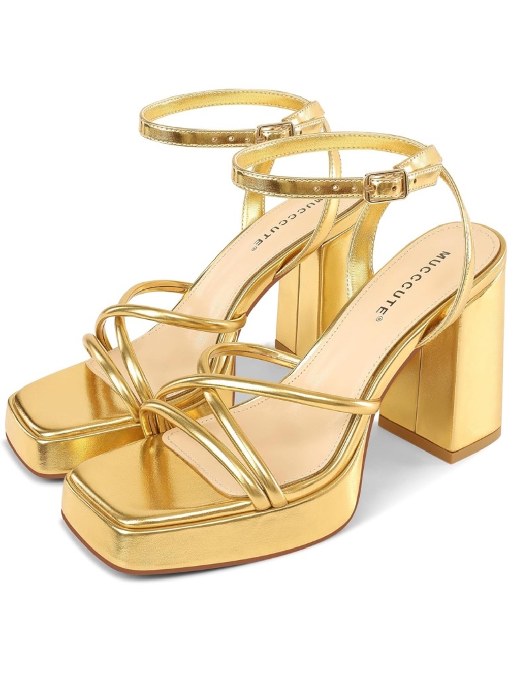 Mucccute Metallic Gold Strappy Block Heel Sandals